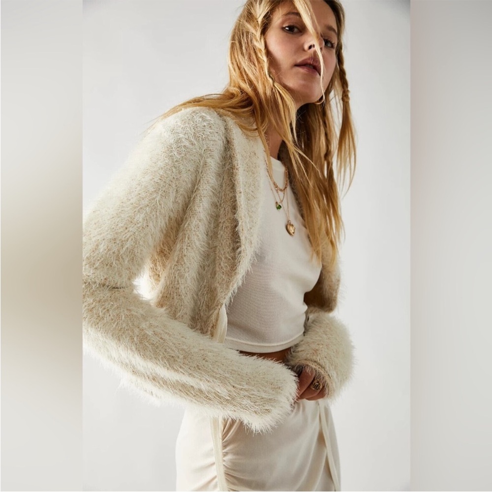 Free People Mini Cardi in Champaign Combo Small Fur Soft Long Sleeve Fuzzy
